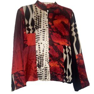Chicos Women’s Red Black Silk Art to Wear Long Sleeve Jacket Blouse Top Sz M(1)